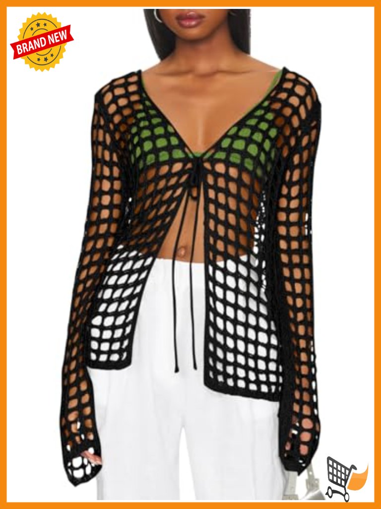 Crochet Hollow Out Tie Front Long Sleeve Swimsuit Coverup Cardigan